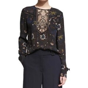 ALC Noemi Silk Floral Lace Inset Blouse Black Long Sleeve Top Size 4